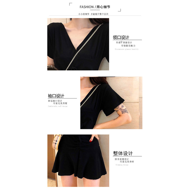 送打底裤]2019年夏季新款百搭通勤流行收腰a字短袖女连衣裙子气质网红时尚高腰连衣裙时尚性感抽褶V领超短裙女纯色