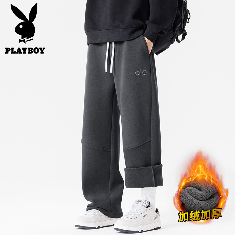 花花公子新款冬季加绒加厚奥粒绒休闲裤刺绣保暖德绒裤子-裤脚可调节高清大图