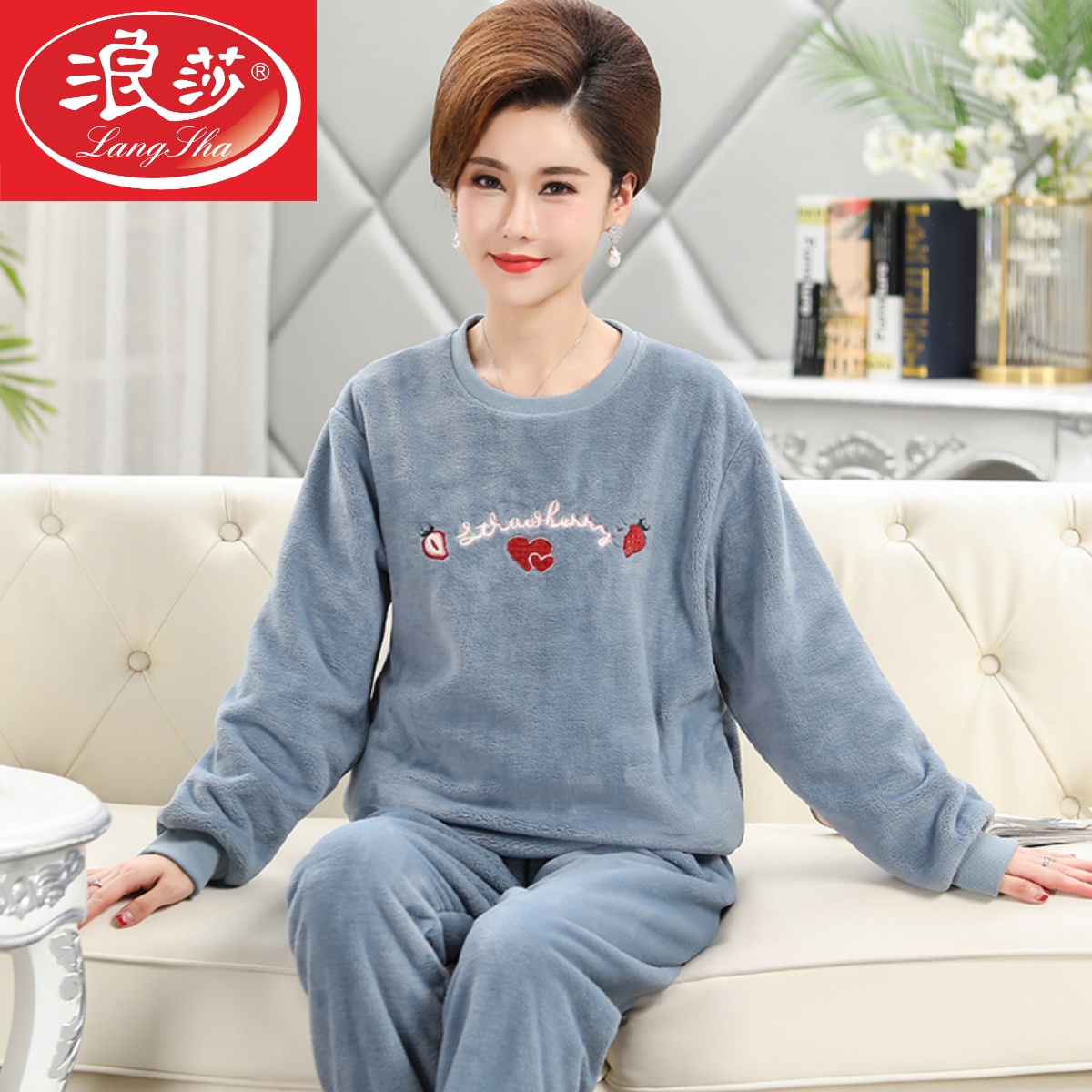 浪莎珊瑚绒睡衣女秋冬季中老年妈妈加厚加绒套头法兰绒保暖套装冬高清大图