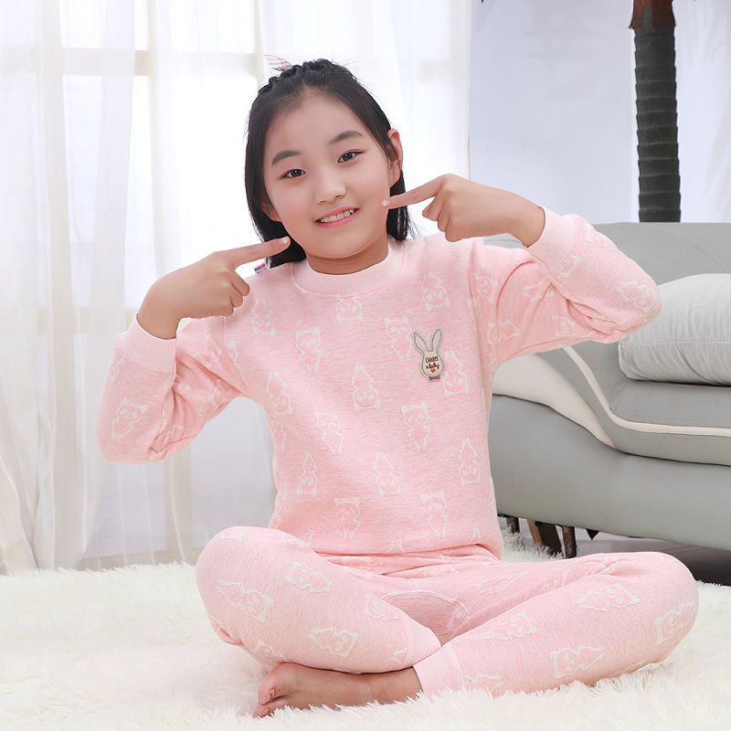 儿童夹棉保暖内衣套装全棉中童大童男童女童纯全棉加厚三层保暖