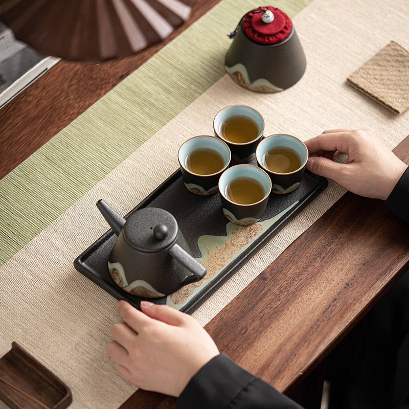 苏氏陶瓷 SUSHI CERAMICS 手绘彩画整套茶具山形画茶壶茶杯子配干泡茶盘小茶叶罐7件功夫茶具套装礼盒装