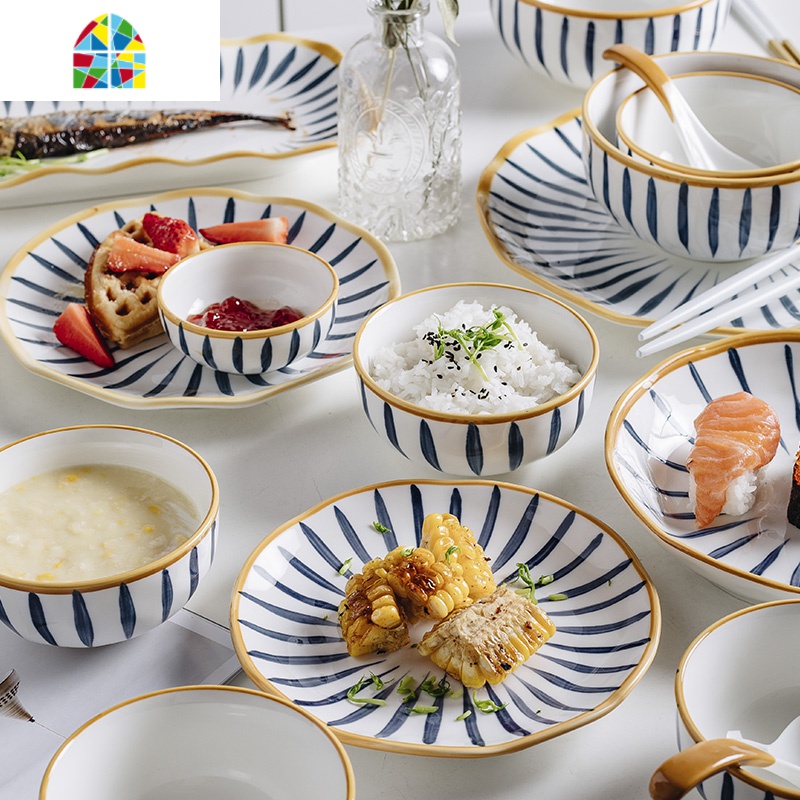 日式陶瓷餐具套装家用米饭碗菜盘子碗碟碗盘组合沙拉碗吃饭碗面碗 FENGHOU 8寸汤碗-毛草系列高清大图