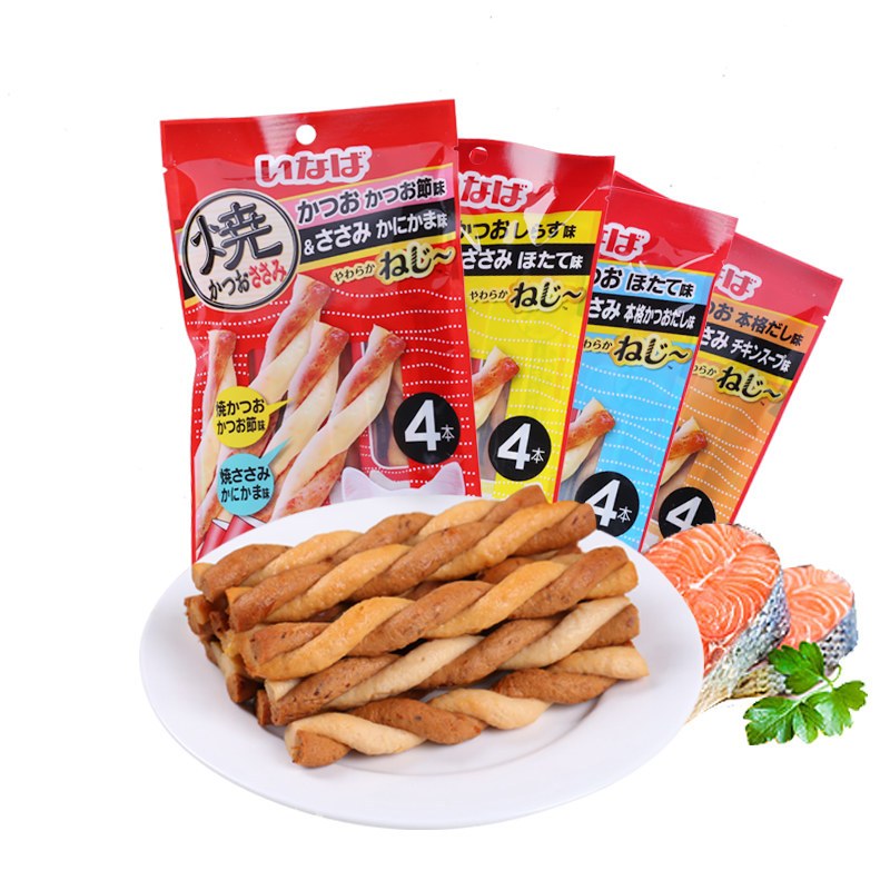 伊纳宝猫零食妙好鸡肉鲣鱼双口味双拼猫麻花肉条磨牙棒肉干4支 扇贝味和浓汤味