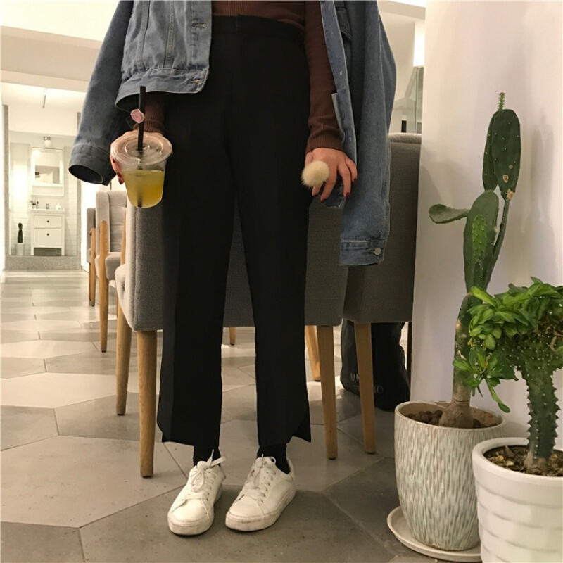 春装韩国女装宽松显瘦直筒裤西装裤子百搭高腰斜切边九分裤休闲裤黑色