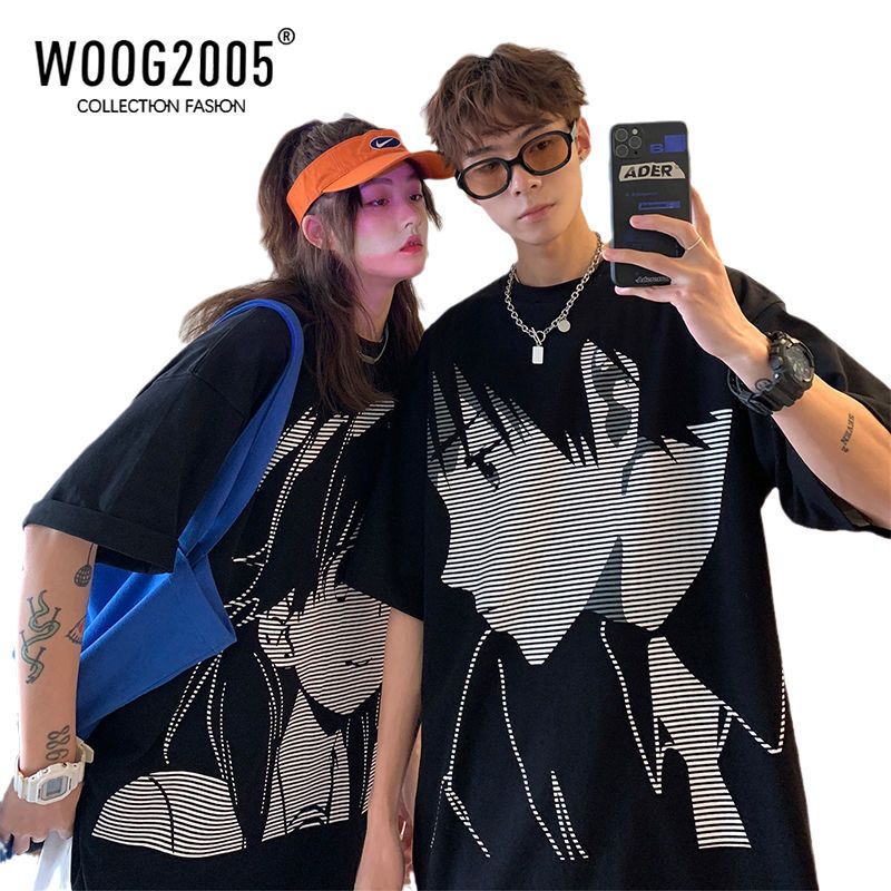 WOOG2005情侣装ins情侣短袖潮流t恤男设计感小众vintage动漫半袖