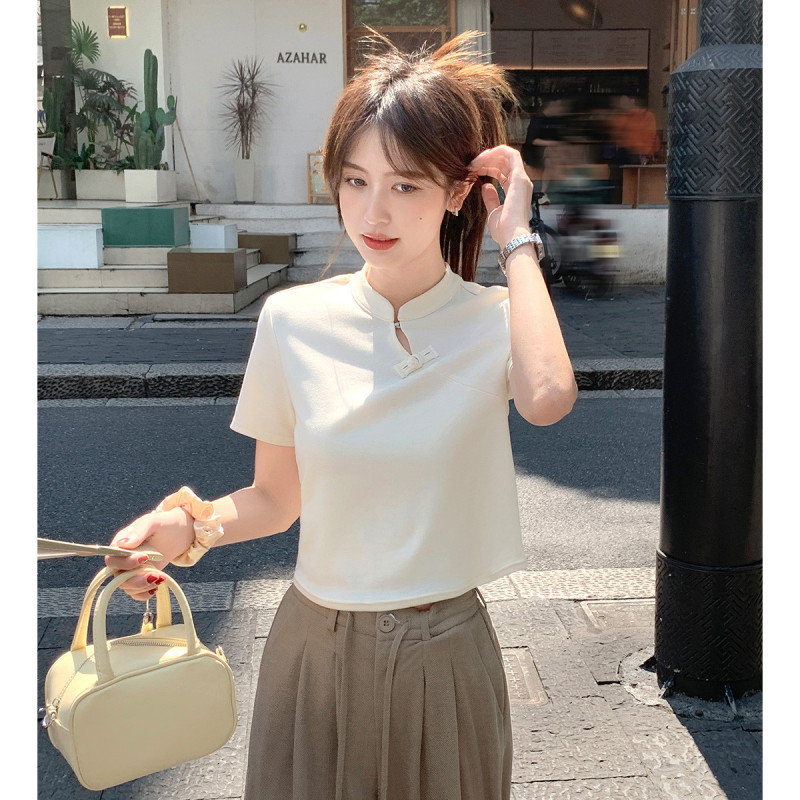 [2.5折价64元]唐狮夏季女圆领新中式短袖T恤气质优雅高级感百搭简约时尚