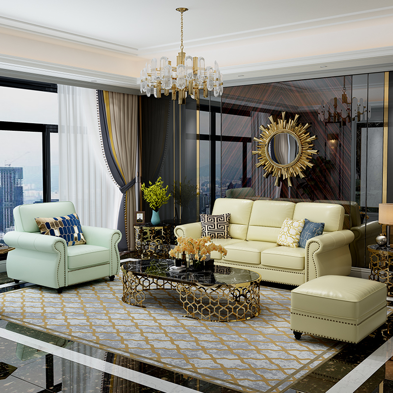 唐臻美式真皮沙发头层牛皮轻奢小户型客厅三人位皮艺沙发整装家具组合