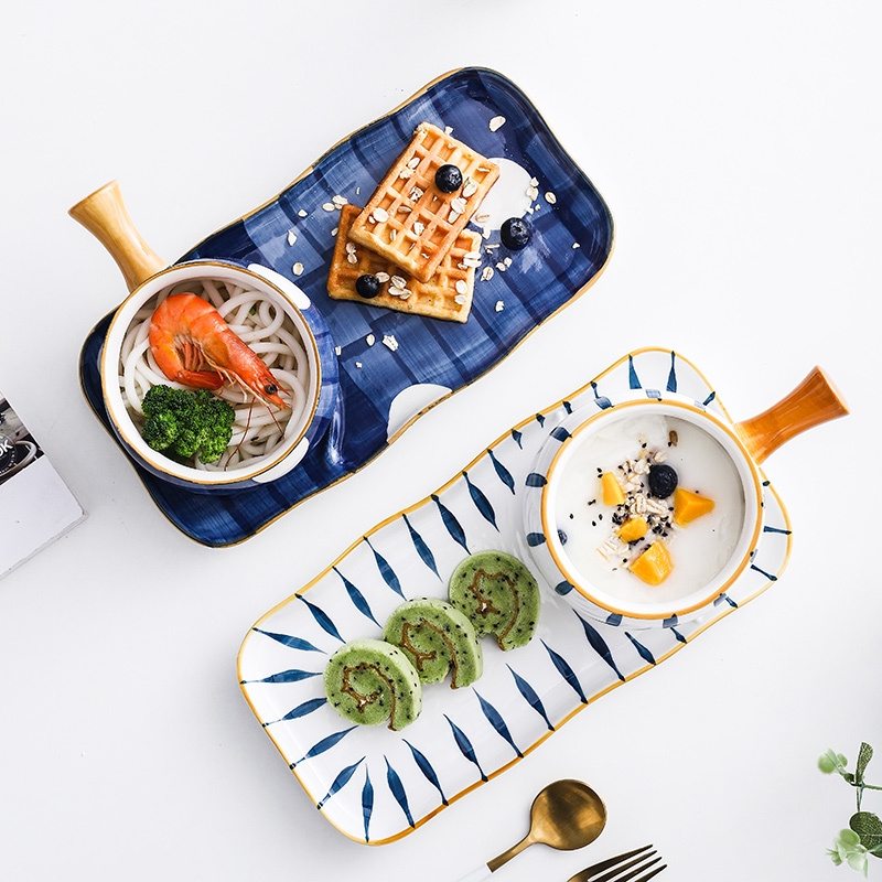 日式手绘早餐碗创意组合一人食烘焙精灵手柄碗家用盘子餐具碗盘套装汤面碗 火影把碗