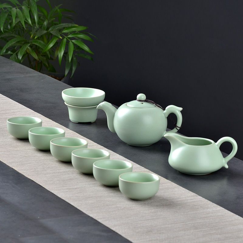 汝窑茶具套装家用简约茶杯茶壶茶海整套茶具10头陶瓷茶具礼盒套装 单过滤组