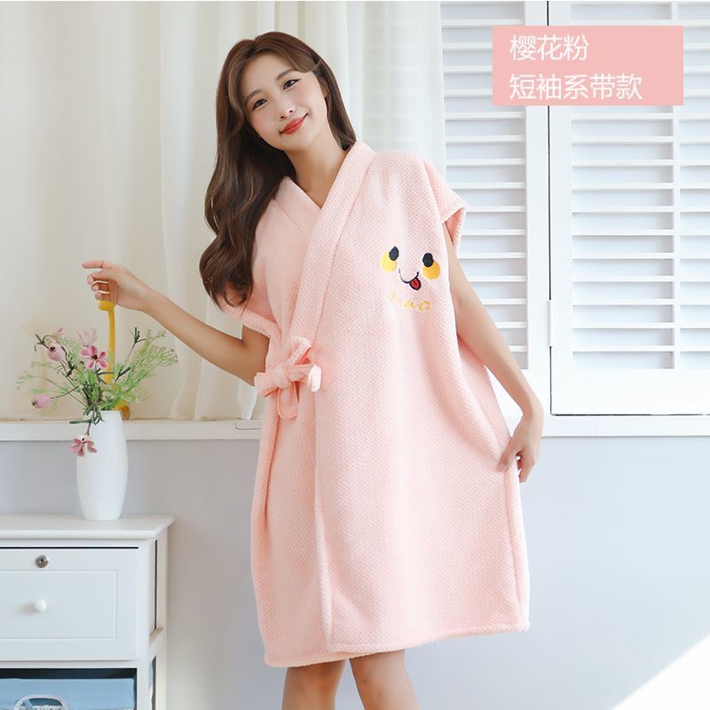 冬季加厚珊瑚绒浴袍菠萝格可穿浴巾加大加厚吸水速干柔软冬季浴裙 绑带款浴袍（水粉色）短袖款 80-160斤菠萝格浴袍