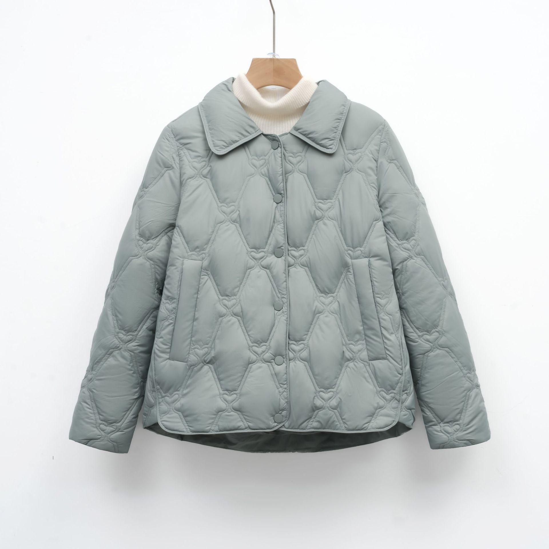 新款简约女式90绒女装尖领纯色羽绒服短款宽松外套_531 蓝绿色 L