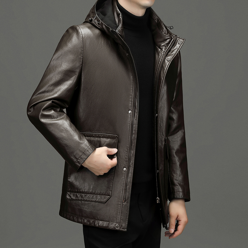 免费退换 高端冬新款帅气绵羊皮海宁真皮羽绒服男连帽中长款风衣皮夹克加厚皮草可拆卸内胆羽绒服男山羊皮外套爸爸中长软皮衣正品 咖啡色 170/84A