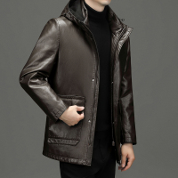 免费退换2021冬款正品绵羊皮真皮皮衣羽绒服男立翻领中长款加厚加绒皮夹克反季促销_509_542 170/84A 咖啡色可脱卸内胆