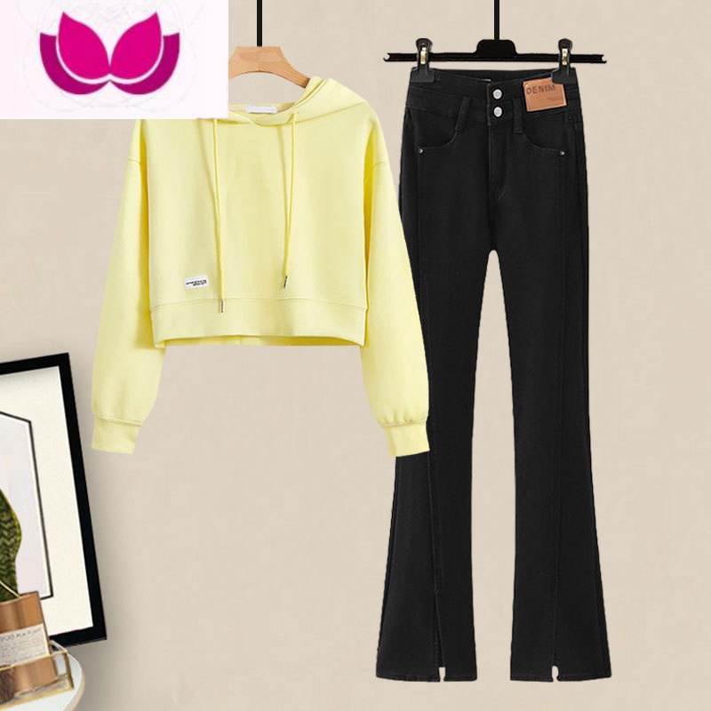 七斓可盐可甜炸街套小个子穿搭减龄短款卫衣微喇叭牛仔裤套装女春高清大图