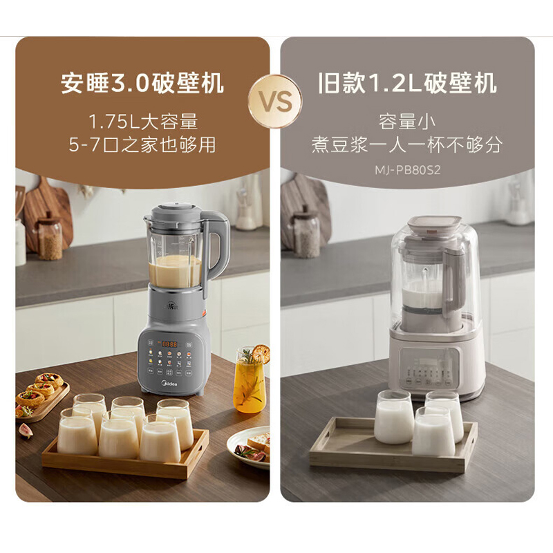美的(Midea)破壁机MJ-PB10S46家用1.75L大容量豆浆机轻低音降噪多功能全自动免煮五谷杂粮智能预约榨汁机