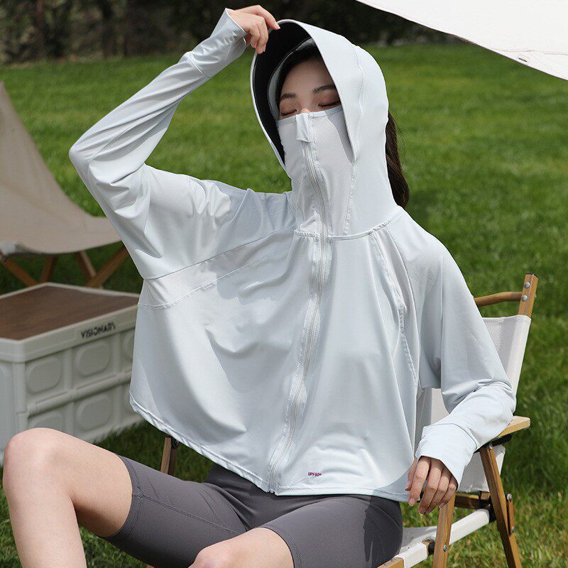 蕉防晒衣服女中长款冰丝防紫外线男女凉感防晒服潮冰丝防晒速干 【及腰款】黑胶帽檐-浅灰 均码（80-120斤）