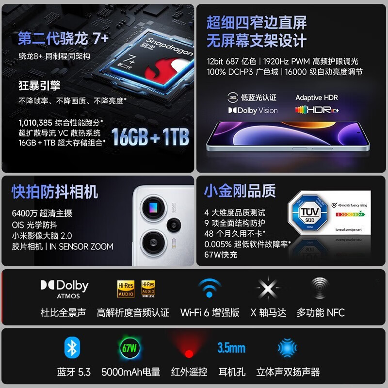 Redmi Note12 Turbo 碳纤黑 8GB+256GB 第二代骁龙7+ 超细四窄边OLED直屏 6400万像素