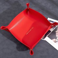北欧ins皮革收纳盘桌面收纳盒首饰化妆品钥匙储物盘pu玄关折叠盘 红色 小号