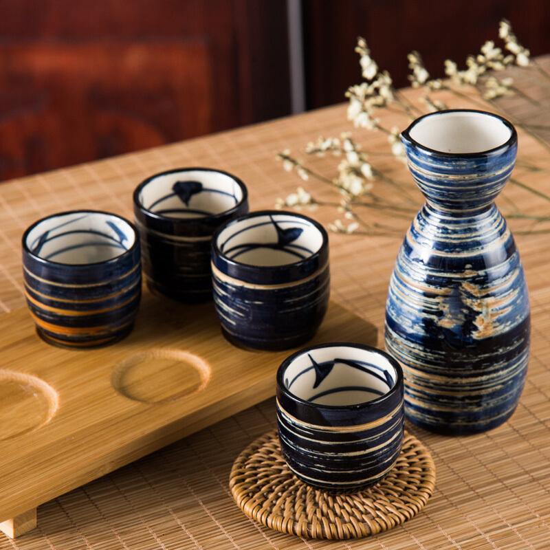 日式酒具 一壶四杯 日本清酒酒具 米酒酒具 水墨色 陶瓷酒具