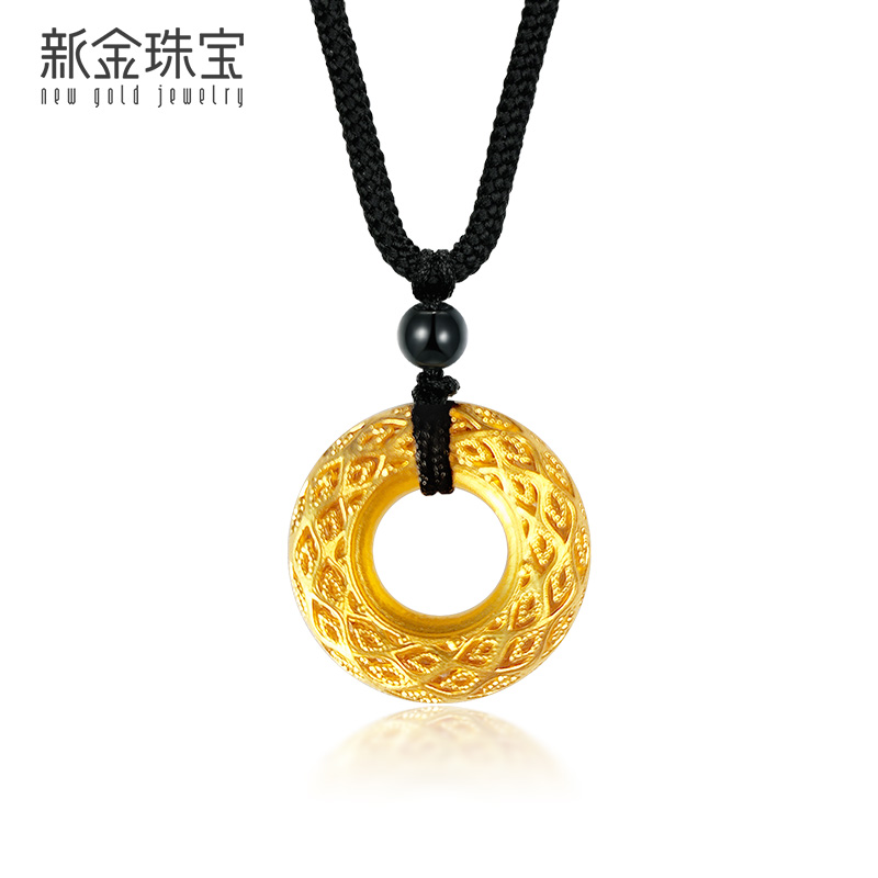 新金珠宝 足金999古法金镂空黄金圆形3d硬金平安扣吊坠 [1042]