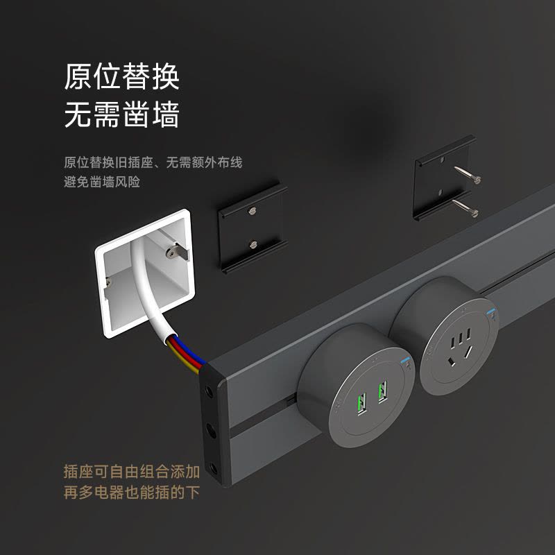 飞雕(FEIDIAO)轨道插座 可移动墙壁插座壁挂式/插线板/接线板 免打孔多功能插座 双USB插座(灰色)2只装图片