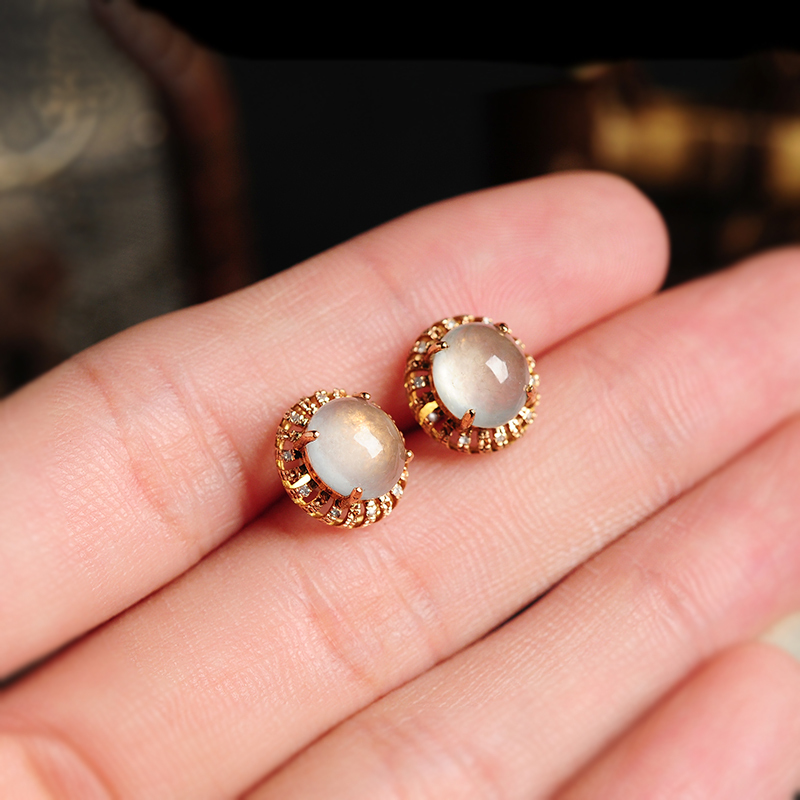 翡翠冰种耳钉18k镶嵌玉石蛋面耳坠女款镂空耳环圆形耳饰品带证书送女