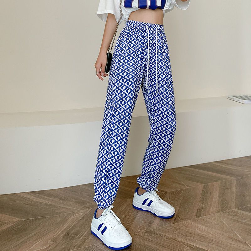 真维斯休闲裤女夏薄款外穿高腰显瘦灯笼裤束脚九分裤港风花裤子潮