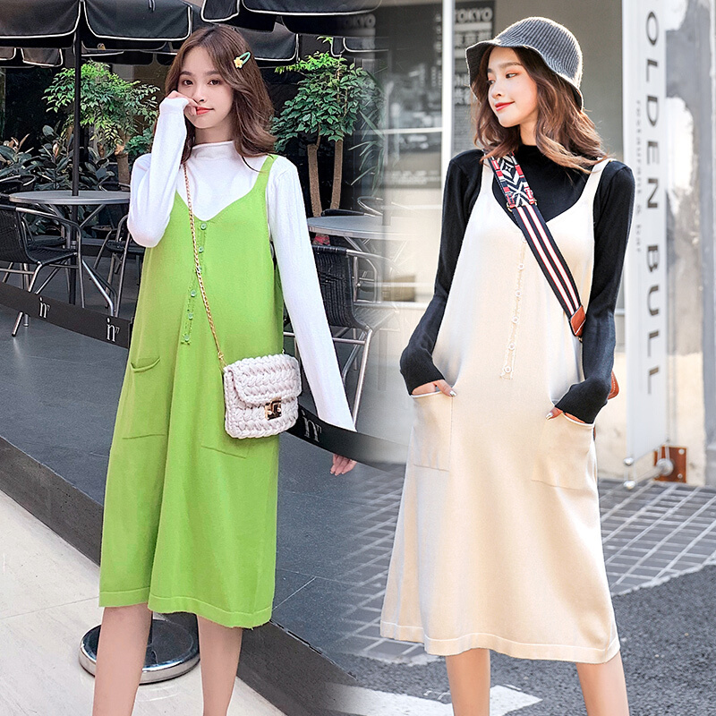 迪鲁奥(DILUAO)孕妇装针织衫孕妇秋季中长款洋气两件套长袖孕妇装秋款套装时尚潮妈 杏色 均码