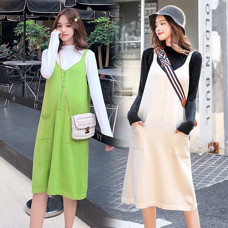 迪鲁奥(DILUAO)孕妇装针织衫孕妇秋季中长款洋气两件套长袖孕妇装秋款套装时尚潮妈 杏色 均码图片