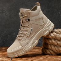 秋冬新款高帮运动户外潮鞋男士登山徒步短靴中帮休闲工装男鞋 卡其色 46