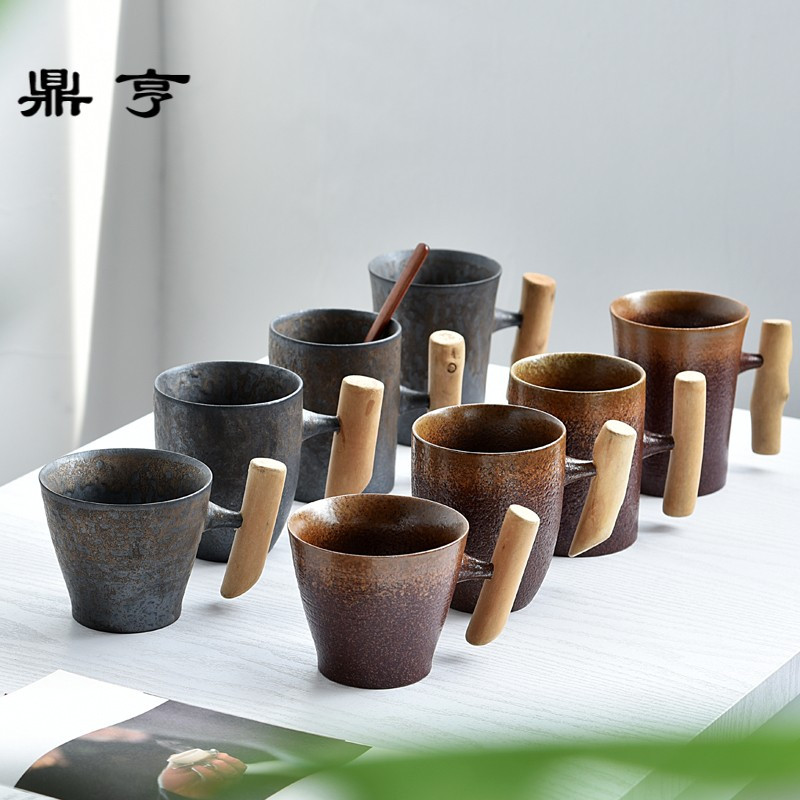 鼎亨创意手工木柄窑变马克杯带碟勺陶瓷茶杯子简约日式办公水咖啡
