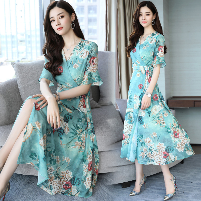 雪纺连衣裙夏装女士新品女韩版系带修身显瘦长裙时尚清新花色裙子