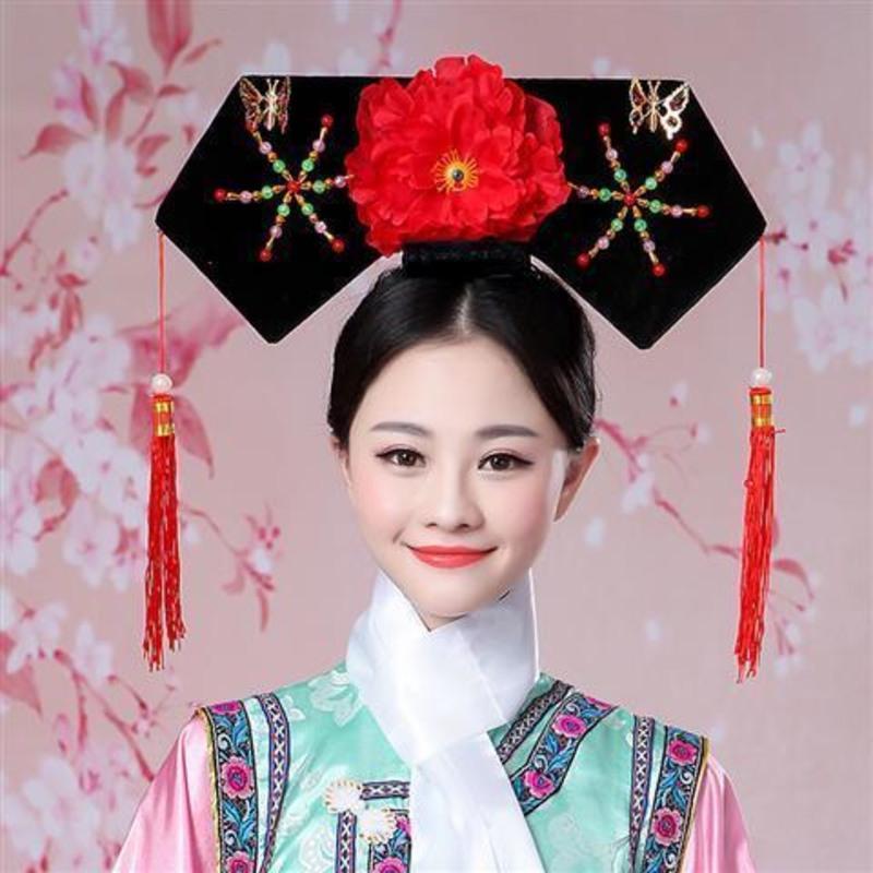 清朝古装头饰还珠格格旗头发饰头套公主甄嬛传成人舞台道具 红色 两只