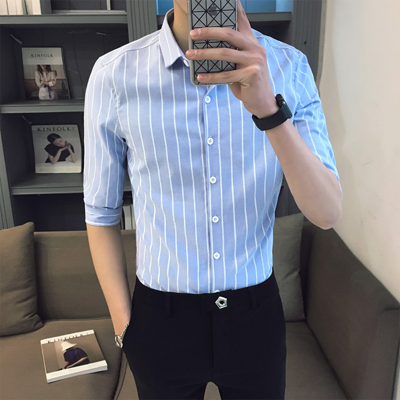 夏款男士商务百搭条纹中袖衬衫男韩版气质修身七分袖衬衫男短袖潮