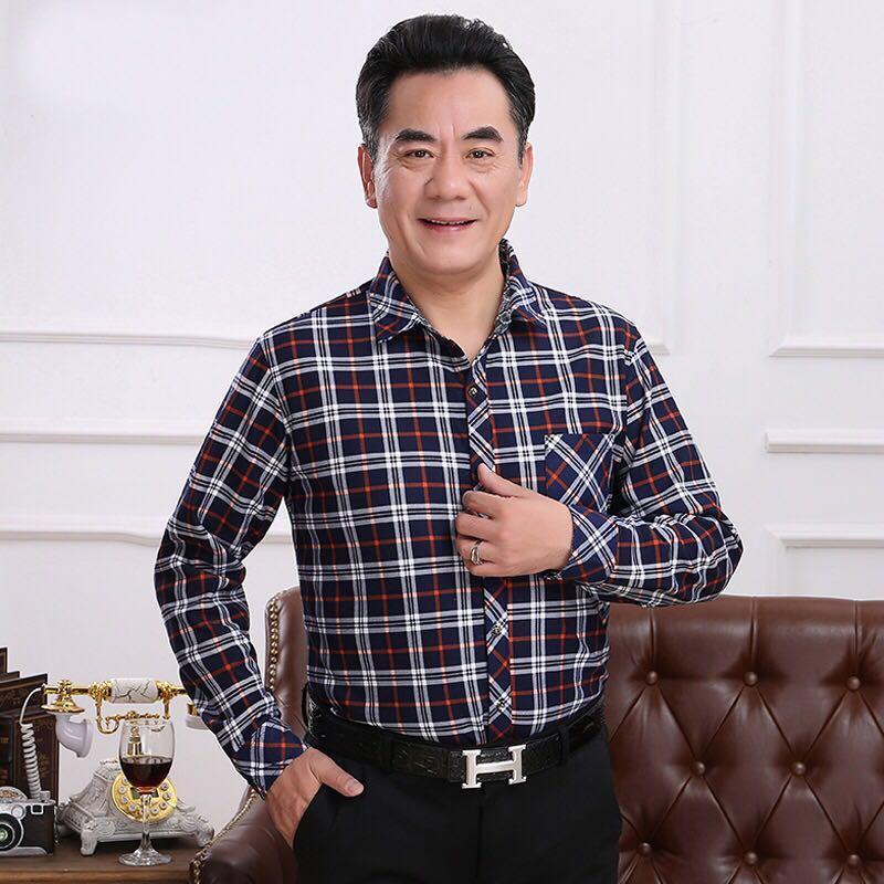 2019新款休闲舒适爸爸衬衫男长袖中年男士格子衬衫男中老年长袖衬衣男
