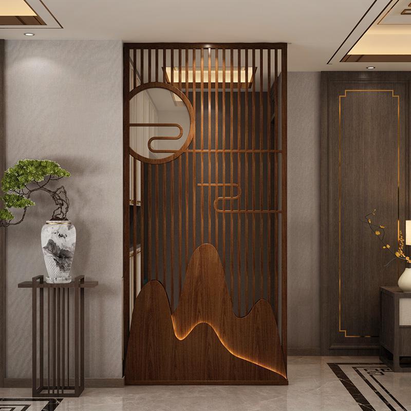 新中式实木屏风隔断玄关客厅分隔座屏入户遮挡镂空纱屏灯带小户型 黑胡桃120*240(不含灯) 整装高清大图
