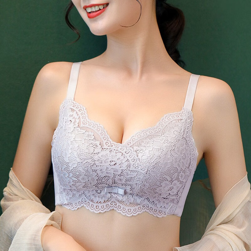 浪莎内衣女文胸无钢圈无痕薄款小胸聚拢防下垂收副乳蕾丝性感胸罩 黑色 32/70A 冰灰色-36/80C(薄杯0.8CM)