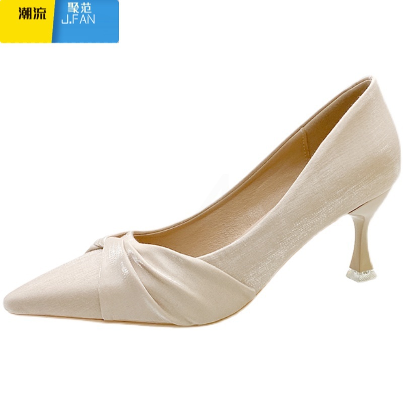 聚范法式高跟鞋女细跟5cm米色气质尖头3cm软皮单鞋配裙子2024年新款高清大图