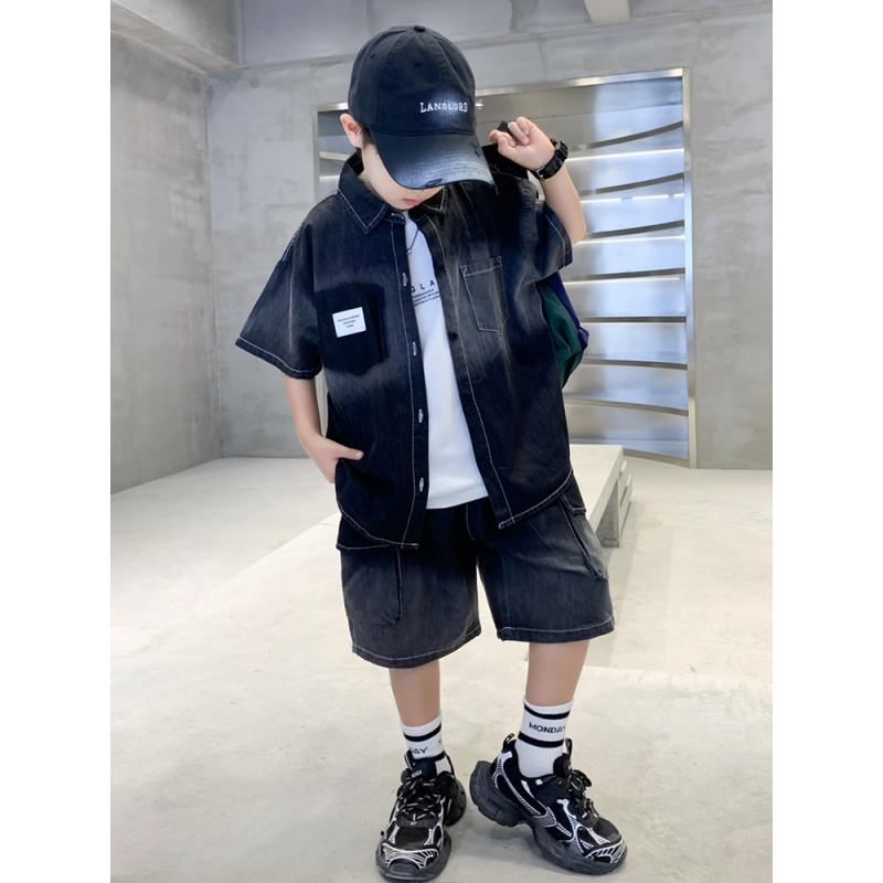 男童短袖夏装套装新款痞帅儿童衬衫洋气宝宝夏季炸街潮酷童装