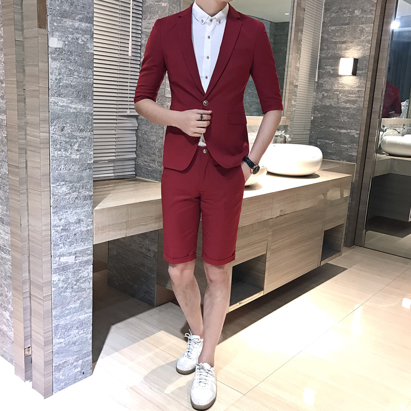 夜店公子中袖西服套装少爷装韩版修身男士西装两件套演出小礼服男