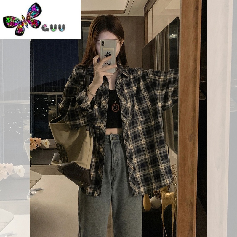 语娄美式复古格子衬衫女款装设计感小众小个子oversize慵懒风外套