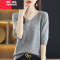 YIBUSHENG2023春秋V领套头毛衣女中袖打底衫宽松五分袖针织短袖女内搭上衣