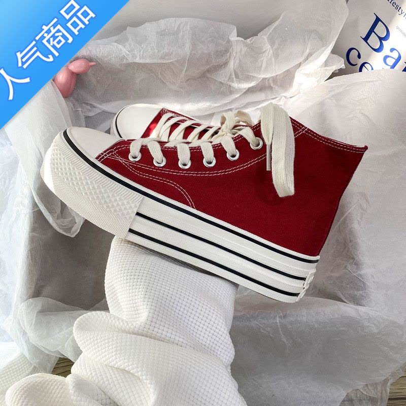 SUNTEK名牌夏季新款厚底高帮帆布鞋女韩版百搭经典红色休闲女鞋松糕鞋潮图片