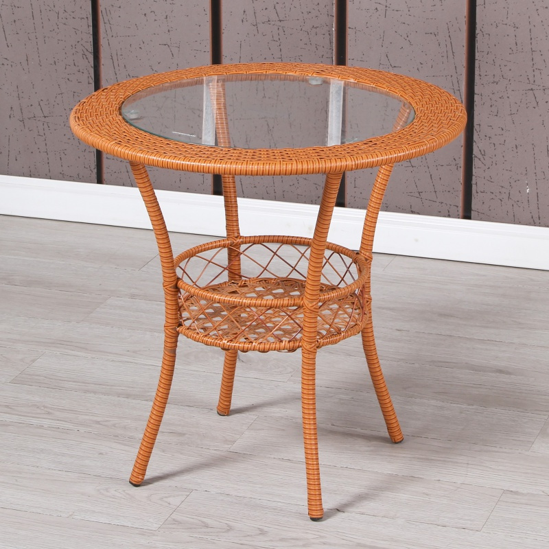 阳台小茶几圆形简易小户型闪电客小圆桌钢化玻璃小圆桌子藤编休闲椅