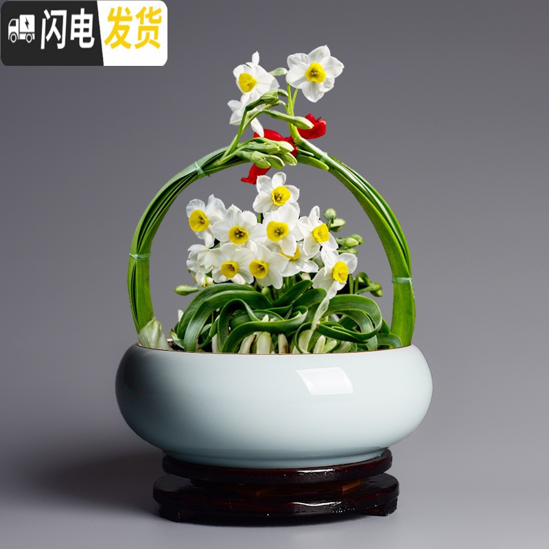 三维工匠水仙花盆陶瓷中国风红色养水仙的花盆家用创意水培无孔水养盆栽 [白瓷小号+底座10cm+三级水仙2颗] 大花盆容器