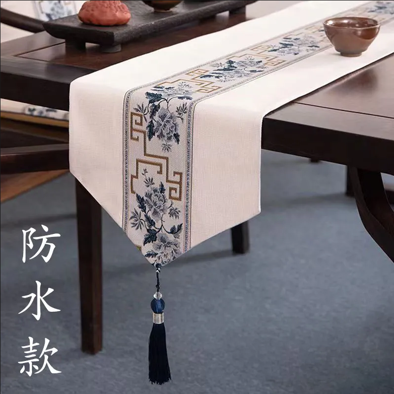 新中式桌旗禅意刺绣棉麻茶旗餐桌垫长条桌布艺现代简约电视柜盖巾 云中君-白色 33*210cm（适用桌长1.6米-_758
