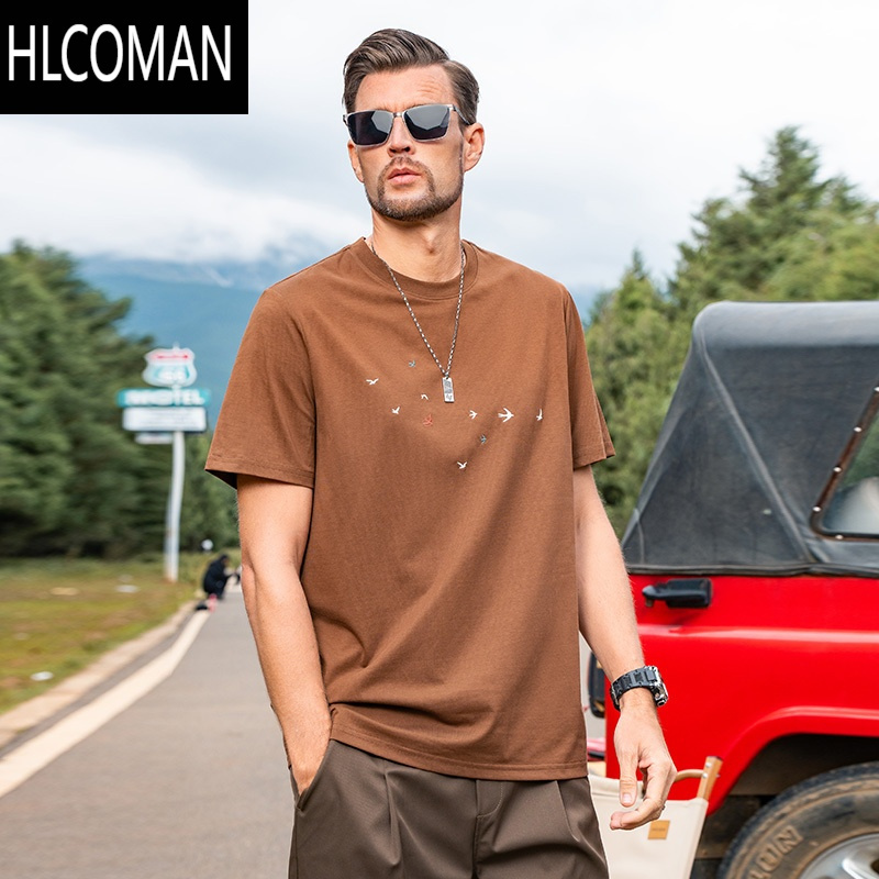 HLCOMAN 凉感冰丝 短袖T恤男2025夏季新款科技冰感棉刺绣圆领上衣