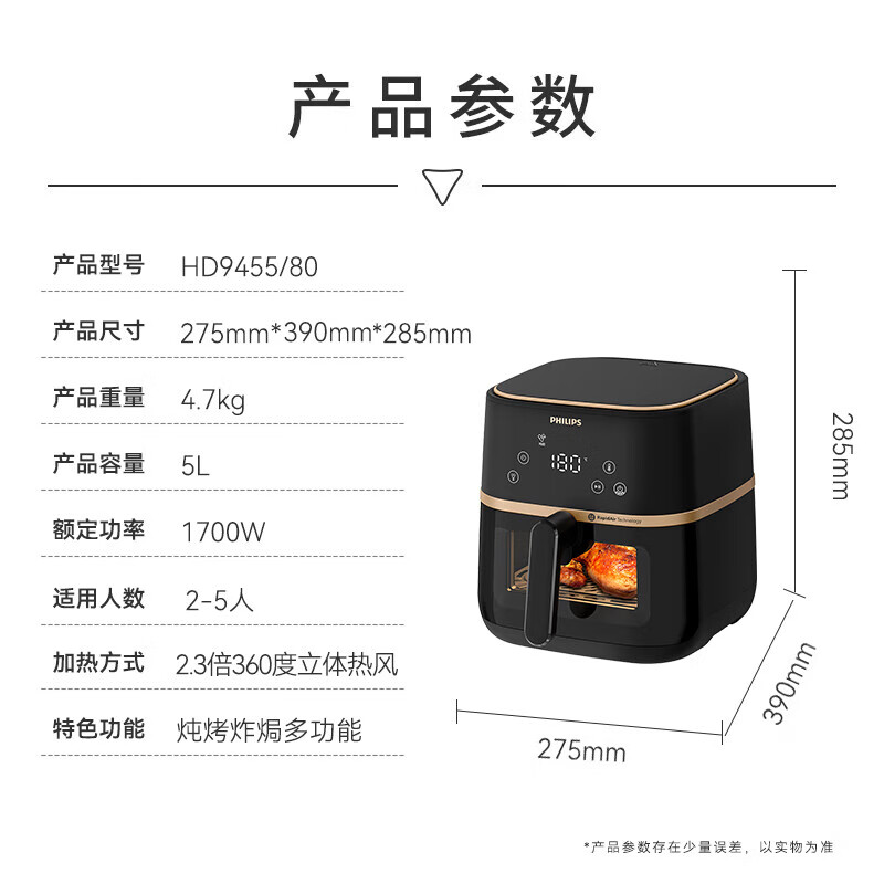 飞利浦(PHILIPS)空气炸锅不用翻面家用全自动可视5L大容量HD9455/80黑色[单位:台]高清大图