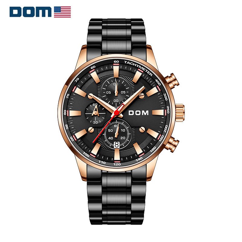 美国dom多姆品牌手表男士时尚潮流多功能跑秒计时三眼男石英表经典