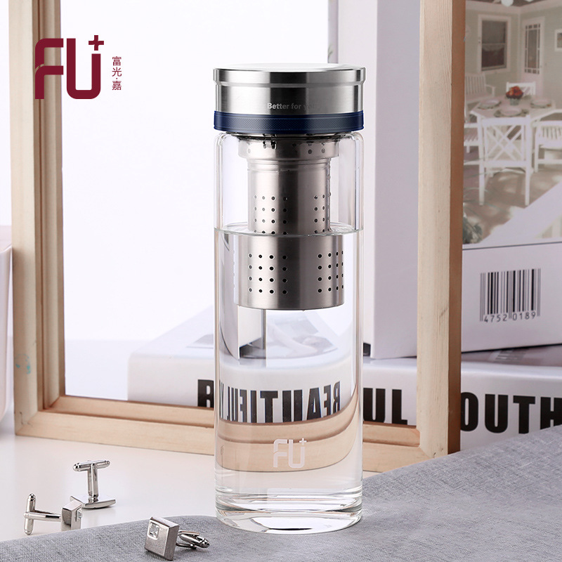 富光(FGA)FU+刚系列双层玻璃杯带盖过滤泡茶杯男高档便携礼盒装水杯子